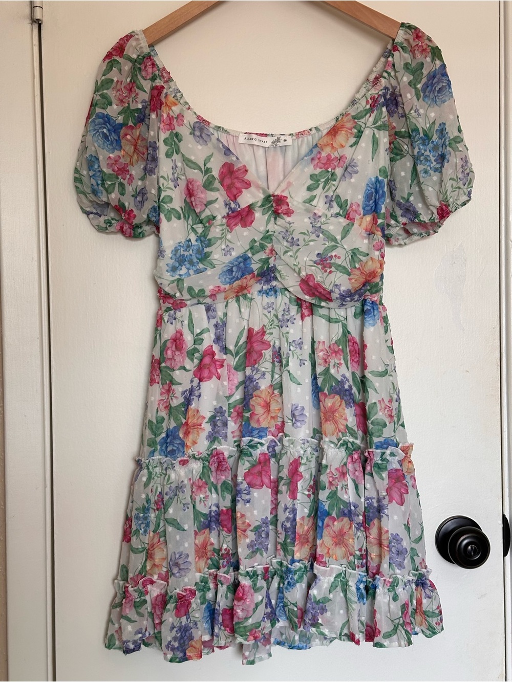 Altar'd State Floral Puff-Sleeve Tiered Dress in White with Pink, Blue & Green M